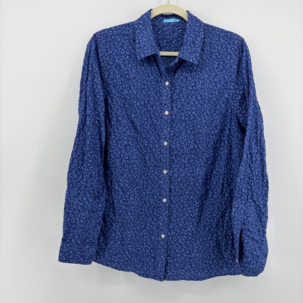 J.McLaughlin Womens Medium Blue Leopard Button Down Shirt Long Sleeve Cotton